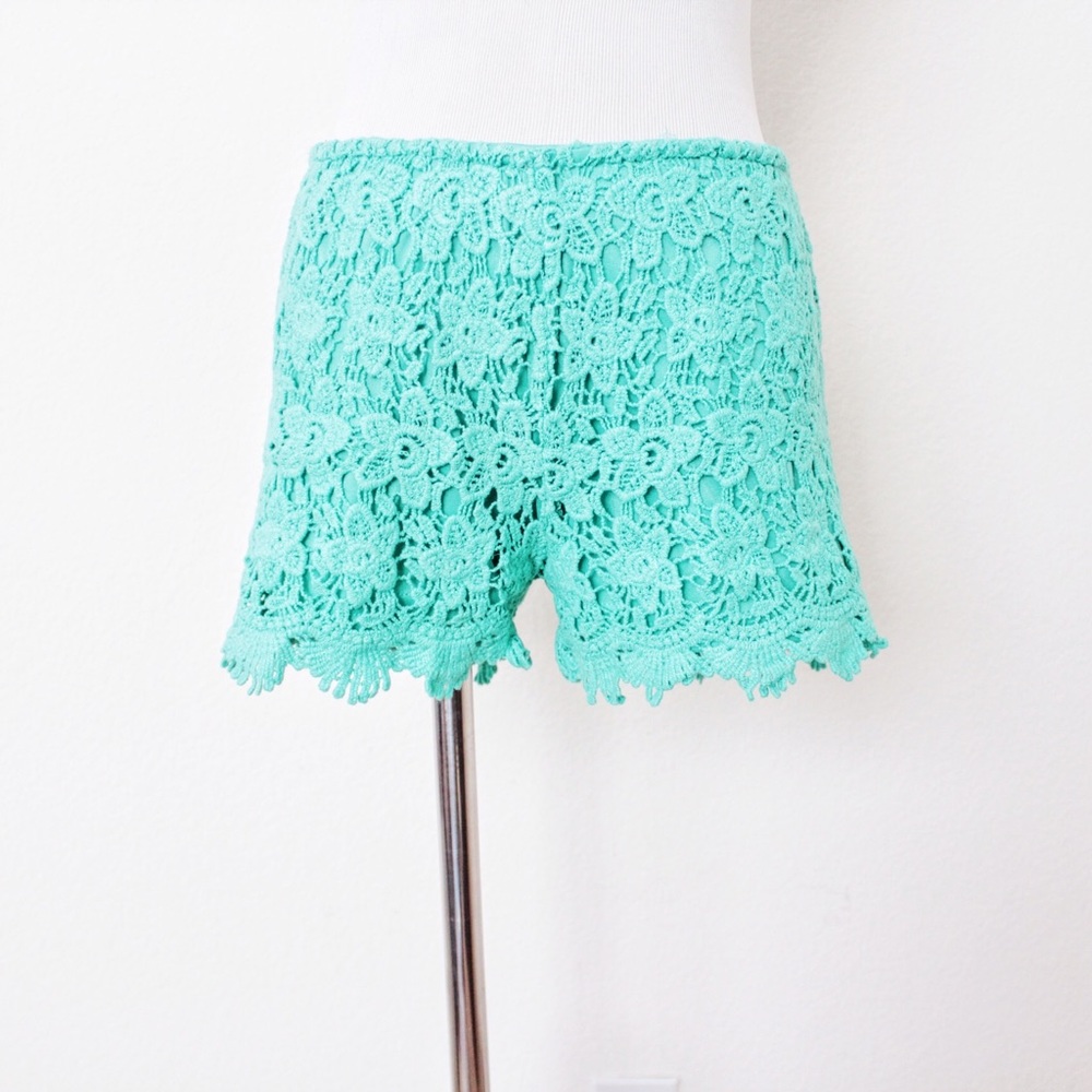 Whispers Mint Green Lace Crochet Shorts